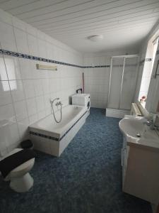 a bathroom with a tub and a toilet and a sink at Suite Toni in Bernburg