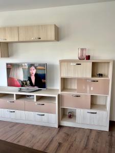 a living room with a tv and some shelves at Ultra Lux Apartment Free Underground Secure Parking in Pazardzhik