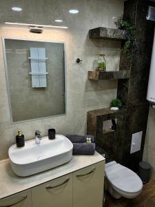 a bathroom with a sink and a toilet at Ultra Lux Apartment Free Underground Secure Parking in Pazardzhik +32 photos