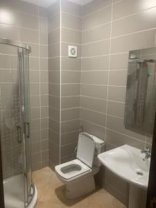 a bathroom with a toilet and a sink and a shower at Appartement - lilac's garden cabo negro in Tetouan