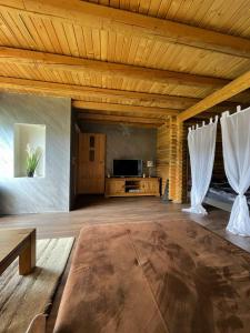 ein großes Wohnzimmer mit einem TV und einer Holzdecke in der Unterkunft Tara Land Lake in Zaovine