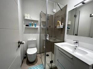 ein Badezimmer mit Dusche, Toilette und Waschbecken in der Unterkunft Apartamento en San Sebastián in Añorga-Lugariz + 6 Fotos