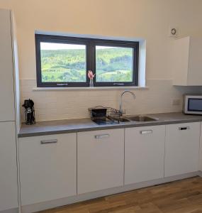 a kitchen with white cabinets and a window at Lodge 16 Aberfeldy in Aberfeldy