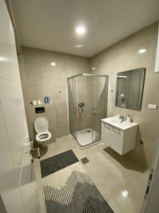 een badkamer met een douche, een toilet en een wastafel bij R&G apartman in Bijeljina