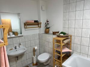 een badkamer met een toilet en een wastafel bij Naumburger Charme "Goldener Steiger" in Naumburg