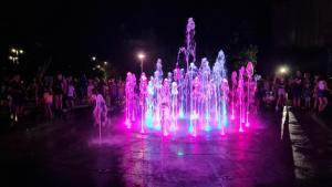 a group of people standing around a water fountain at night at Apartament Kraszewskiego - Retro, blisko Starówki, koło parku, ogród dla gości, rowery free in Toruń