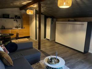 een woonkamer met een bank en een wit scherm bij Hytte-vandudsigt-Hottub-hygge in Holbæk