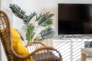 a living room with a tv and a plant at Serenity by the Sea Grange in Grange