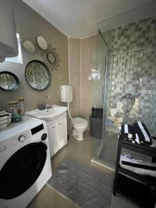 La salle de bains est pourvue d'une douche, de toilettes et d'un lavabo. dans l'établissement VILA MASLACAK, à Popovići