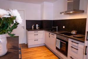 een keuken met witte kasten en een fornuis met oven bij Exklusives Apartment in bester Lage in TBB in Tauberbischofsheim