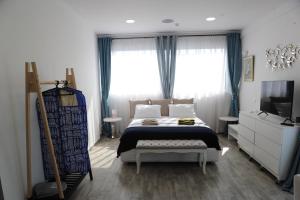 a bedroom with a bed and a tv and windows at El Angel by Ntinos in Kremasti