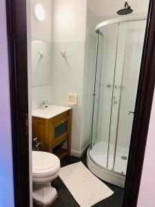 y baño con ducha, aseo y lavamanos. en Hotel Suizo en Puerto Rico