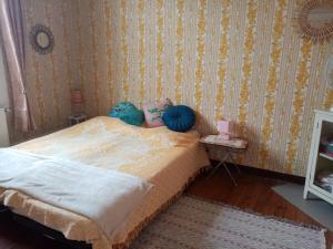 a bedroom with a bed with two blue balls on it at Les Toiles du Figuier in Espéraza +19 photos