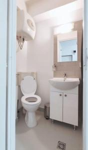 a white bathroom with a toilet and a sink at Central Park Studio in Cluj-Napoca