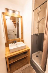 a bathroom with a sink and a mirror and a shower at Le Rioumajou 2 in Saint-Lary-Soulan
