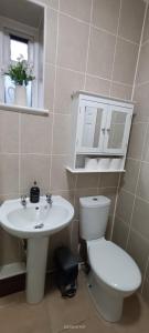 a bathroom with a toilet and a sink at Lister Park Bradford Stylish 1bed Coach House - Quiet & Tranquil Cottage & Parking in Shipley