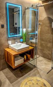 ヤホリナにあるApartman 23 - Aparthotel Poljice Jahorinaの洗面台、鏡、シャワー付きのバスルーム