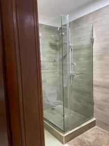 a shower with a glass door in a bathroom at SANDS HOMES IKOYI in Lagos