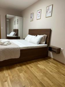 a bedroom with a large bed and a mirror at Apartment33 in Strumica