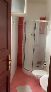 ein Bad mit einer Dusche, einem WC und einem Waschbecken in der Unterkunft Hostel Moon in Prag