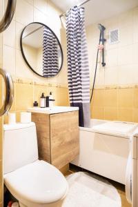 Room near downtown and airport في فيلنيوس: حمام مع مرحاض ومغسلة ومرآة