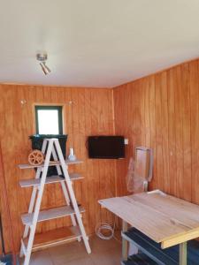 Acogedora cabaña matanzas في نافيداد: غرفة بجدار خشبي مع سلم وطاولة