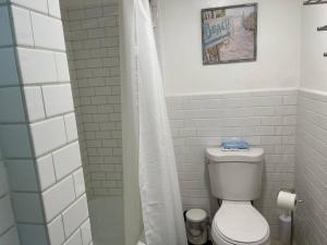 y baño blanco con aseo y ducha. en Comfy, Private, Great Wi-Fi , Heated Pool, TikiBar, en Sarasota