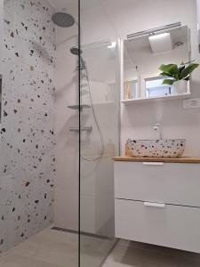 een badkamer met een douche en een glazen deur bij Sea view in Hvar