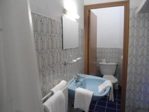 a bathroom with a blue sink and a toilet at Hotel Les Calanques in Piana