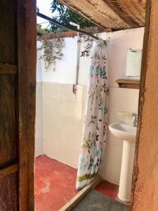 a bathroom with a shower curtain and a sink at Caza Terraza in Palomino