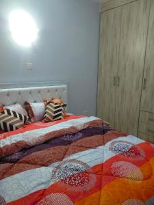 1 dormitorio con 1 cama con colcha colorida en One bedroom apartments tulivu, en Thika