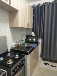 a small kitchen with a stove and a sink at One bedroom apartments tulivu in Thika