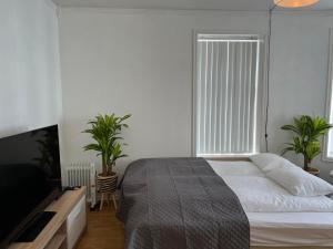 - une chambre avec un lit et une fenêtre ornée de plantes dans l'établissement Apartment in Ålesund city center (Storgata), à Ålesund