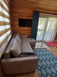 ein Wohnzimmer mit einem Sofa und einem Flachbild-TV in der Unterkunft Arlin Bungalows in Kemer