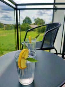a glass of water with a lemon on a table at DoriSol in Solec-Zdrój
