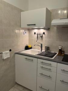 - une cuisine avec un évier et une armoire blancs dans l'établissement Appartement T1 Côté jardin à Thionville, à Thionville