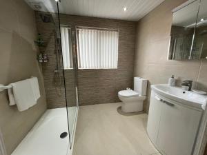 a bathroom with a shower and a toilet and a sink at 3 Bedroom House near city centre in Belfast