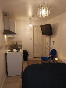Argyll Studio Apartment - Luton Airport في لوتون: مطبخ صغير مع موقد وثلاجة بيضاء