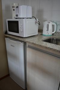 a kitchen counter with a microwave and a sink at Inti. in Saladillo