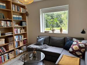 ein Wohnzimmer mit einem Sofa und Bücherregalen in der Unterkunft Casa Jakobsen in Randers