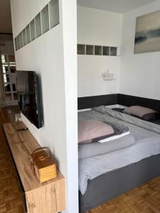 a bedroom with a bed and a flat screen tv at Apartament Powiśle in Warsaw
