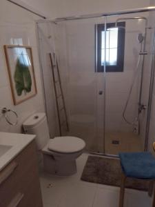 a bathroom with a shower with a toilet and a sink at Hotel Masai Mara Resort Gran Canaria in San Bartolomé
