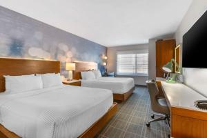 エル・セグンドにあるCambria Hotel LAXのベッド2台とデスクが備わるホテルルームです。