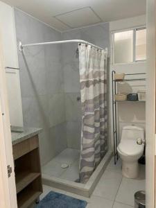 La salle de bains est pourvue d'une douche et de toilettes. dans l'établissement Amplio departamento con alberca, à Playa del Carmen