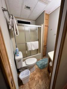 a bathroom with a toilet and a shower with towels at 15 min to Disney World, Self-check-in, Full Kitchen in Kissimmee