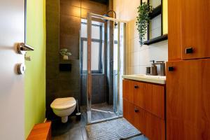 a bathroom with a shower and a toilet and a sink at CityHeart Studio in Bucharest +8 photos
