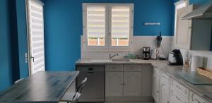 a kitchen with blue walls and a sink and a counter at Le Paradis des Fleurs in Le Tréport