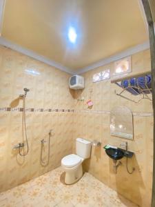 a bathroom with a shower and a toilet and a sink at Hotel Elisabeth in Telaga