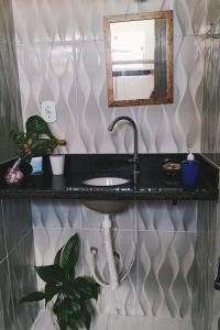 a bathroom with a sink and a mirror at Casa a 5 minutos a pé da Basílica e da feira em Aparecida in Aparecida