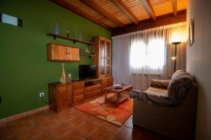 a living room with green walls and a chair and a television at El Rincón de Antonio in Monfarracinos